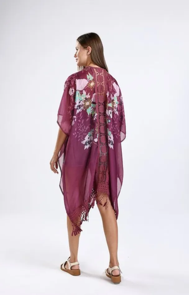 Rings Candlewick Gift Shop Burgundy Floral Kimono One Size