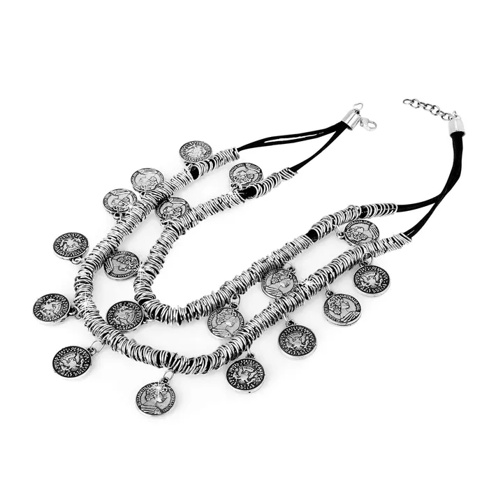 Rings Yellow Chimes Oxidised Necklace for Women Silver Oxidised Crafted Bohemia Gypsy Coins Traditional Layered Necklace for Women and Girls Yellow Chimes