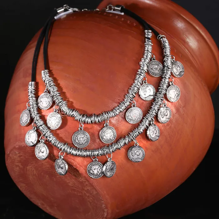 Rings Yellow Chimes Oxidised Necklace for Women Silver Oxidised Crafted Bohemia Gypsy Coins Traditional Layered Necklace for Women and Girls Yellow Chimes