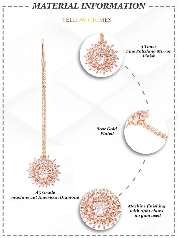 Rings Yellow Chimes Yellow Chimes American Diamond Maang Tikka for Women Rosegold Plated High Grade Authentic White AD Jewellery Maang Tikka for Women and Girls