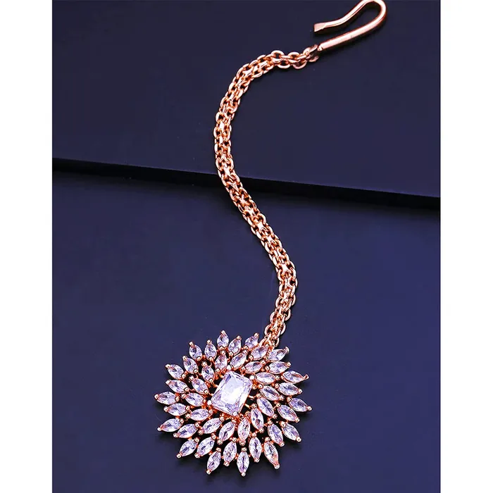Rings Yellow Chimes Yellow Chimes American Diamond Maang Tikka for Women Rosegold Plated High Grade Authentic White AD Jewellery Maang Tikka for Women and Girls