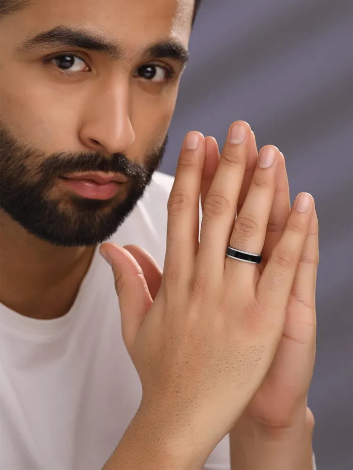 Rings Yellow Chimes Yellow Chimes Black Silver Rings For Men Pack of 1 Stainless Steel Band Ring Dual Toned Design Black Silver Finger Ring for Boys Ideal Gift For Men and Boys