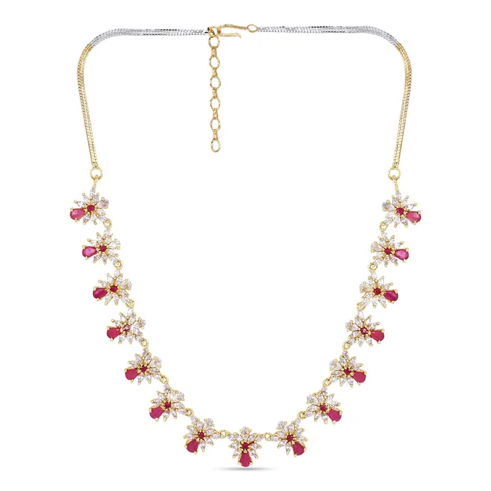 Rings Yellow Chimes Yellow Chimes Classic White Pink ADAmerican Diamond Studded 18K Gold Plated Floral Designer Necklace Set Jewellery Set for Women Girls