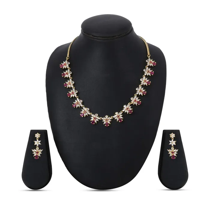 Rings Yellow Chimes Yellow Chimes Classic White Pink ADAmerican Diamond Studded 18K Gold Plated Floral Designer Necklace Set Jewellery Set for Women Girls