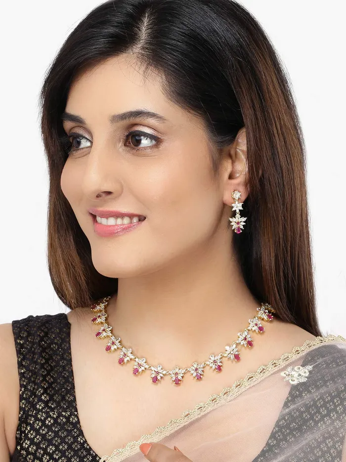 Rings Yellow Chimes Yellow Chimes Classic White Pink ADAmerican Diamond Studded 18K Gold Plated Floral Designer Necklace Set Jewellery Set for Women Girls