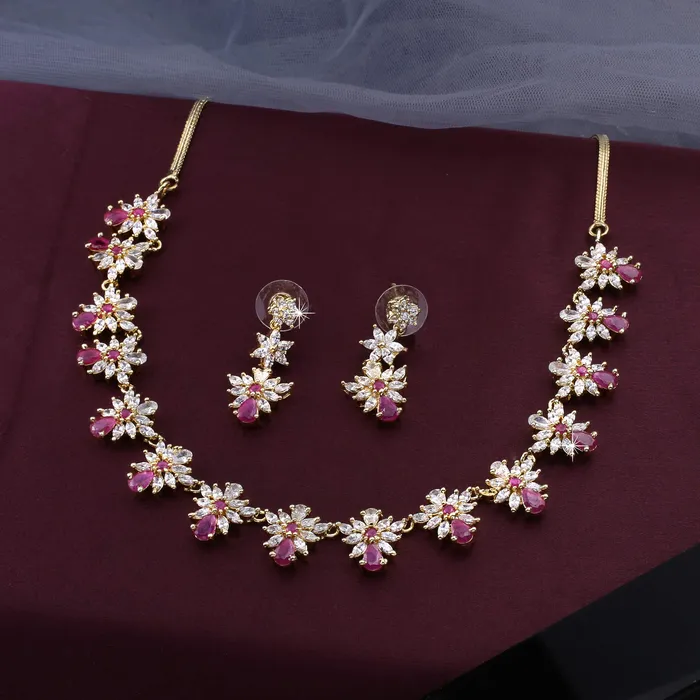 Rings Yellow Chimes Yellow Chimes Classic White Pink ADAmerican Diamond Studded 18K Gold Plated Floral Designer Necklace Set Jewellery Set for Women Girls