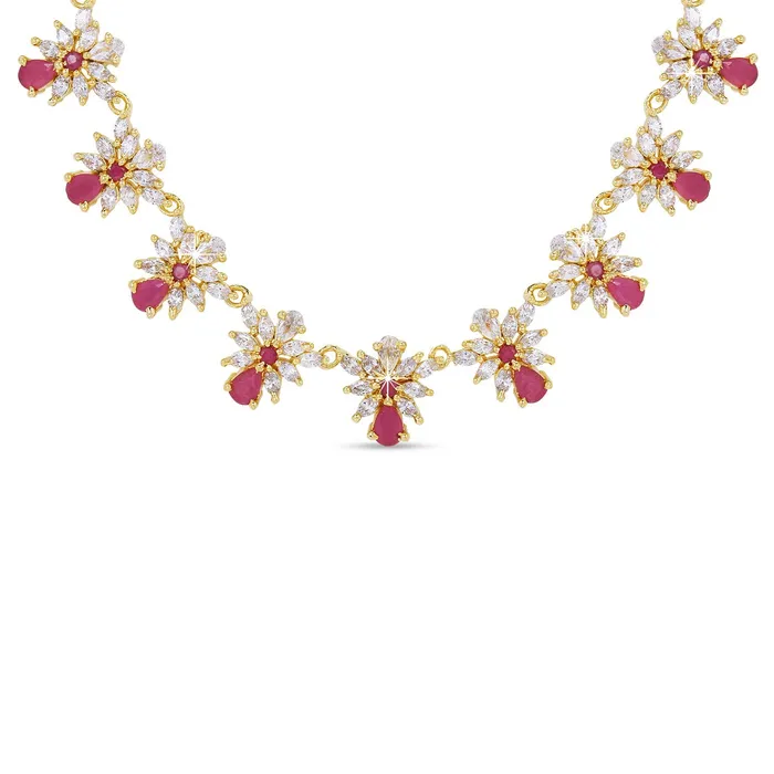 Rings Yellow Chimes Yellow Chimes Classic White Pink ADAmerican Diamond Studded 18K Gold Plated Floral Designer Necklace Set Jewellery Set for Women Girls