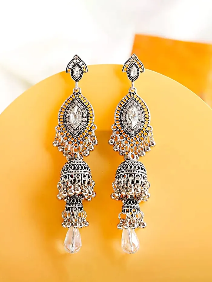 Rings Yellow Chimes Yellow Chimes Earring For Women Silver Tone Antique Bohemian Crystal Studded Jhumka Designed Dangler Earring For Women and Girls
