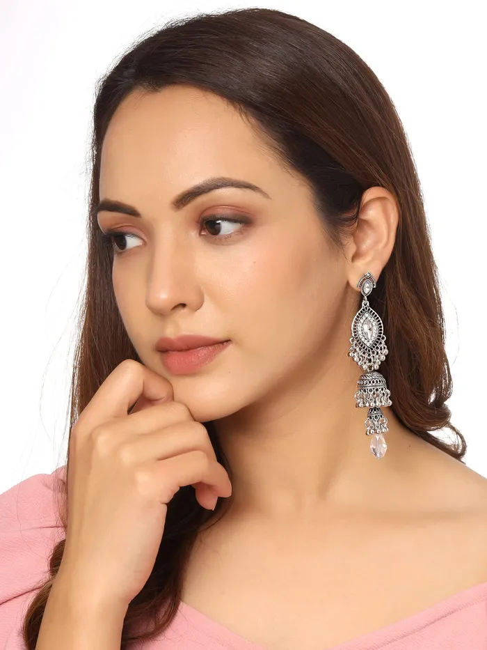 Rings Yellow Chimes Yellow Chimes Earring For Women Silver Tone Antique Bohemian Crystal Studded Jhumka Designed Dangler Earring For Women and Girls