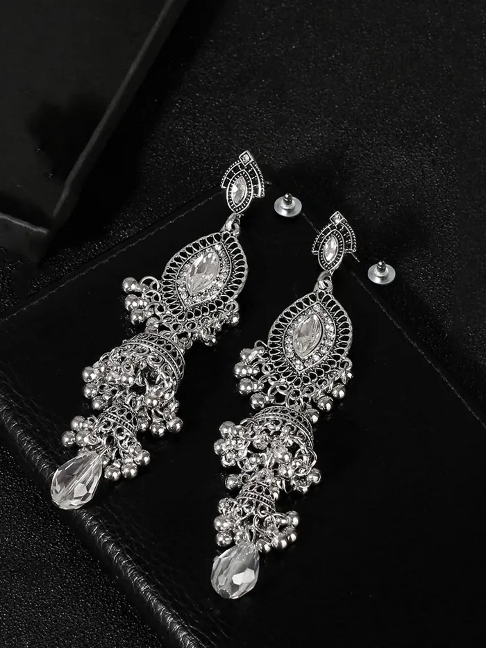 Rings Yellow Chimes Yellow Chimes Earring For Women Silver Tone Antique Bohemian Crystal Studded Jhumka Designed Dangler Earring For Women and Girls