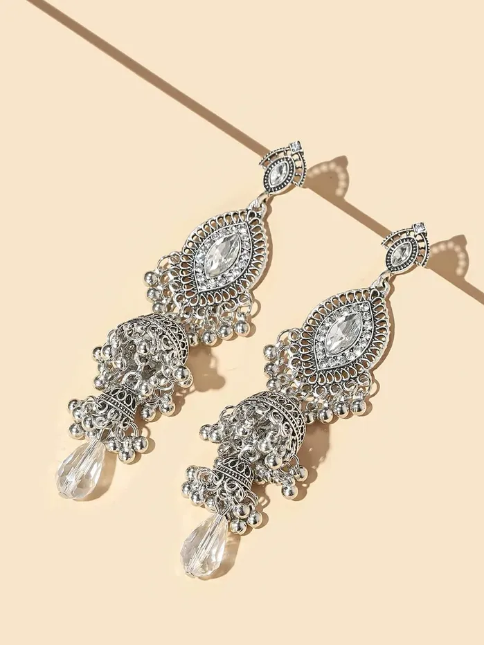 Rings Yellow Chimes Yellow Chimes Earring For Women Silver Tone Antique Bohemian Crystal Studded Jhumka Designed Dangler Earring For Women and Girls