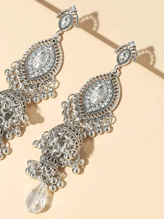 Rings Yellow Chimes Yellow Chimes Earring For Women Silver Tone Antique Bohemian Crystal Studded Jhumka Designed Dangler Earring For Women and Girls