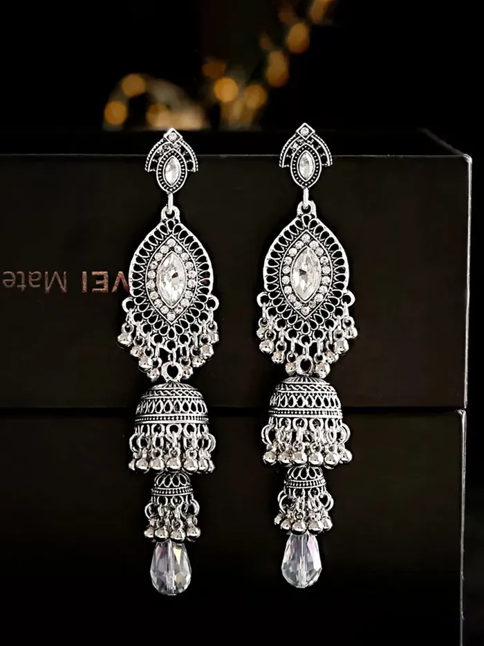 Rings Yellow Chimes Yellow Chimes Earring For Women Silver Tone Antique Bohemian Crystal Studded Jhumka Designed Dangler Earring For Women and Girls