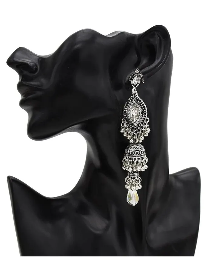 Rings Yellow Chimes Yellow Chimes Earring For Women Silver Tone Antique Bohemian Crystal Studded Jhumka Designed Dangler Earring For Women and Girls