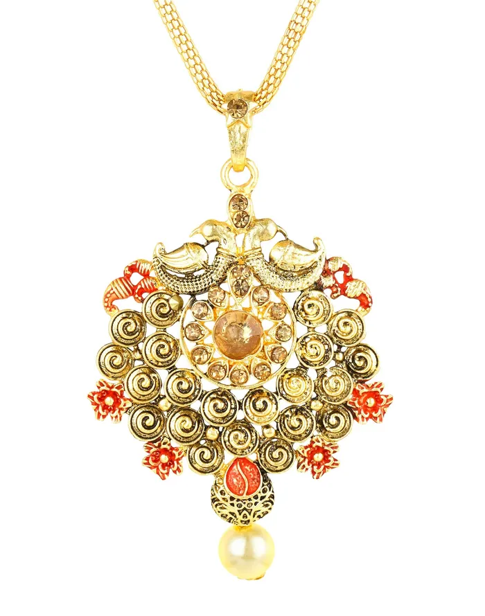 Rings Yellow Chimes Yellow Chimes Peacock Design Kundan Studded Meenakari Work Gold Plated Jewellery Pendant Set for Women and Girls