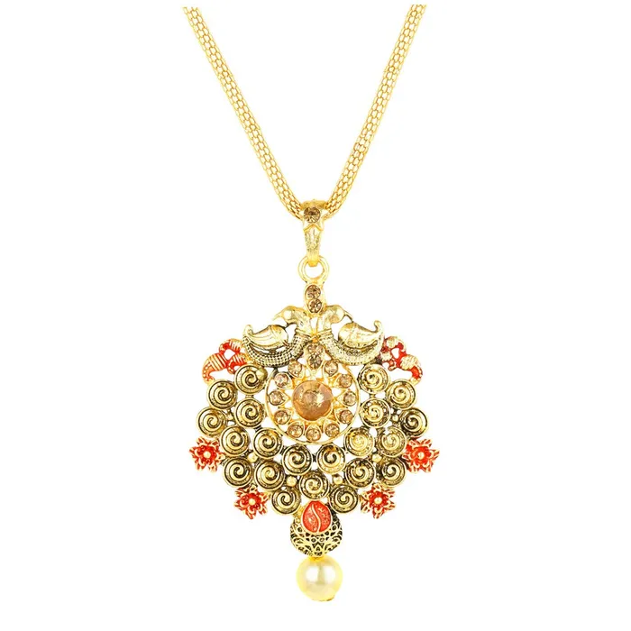 Rings Yellow Chimes Yellow Chimes Peacock Design Kundan Studded Meenakari Work Gold Plated Jewellery Pendant Set for Women and Girls