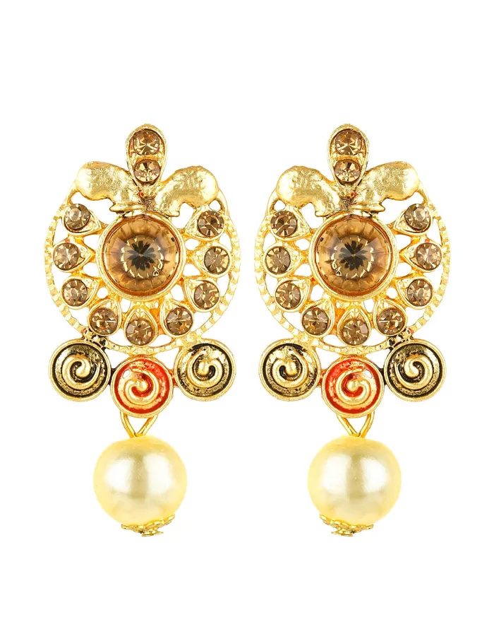 Rings Yellow Chimes Yellow Chimes Peacock Design Kundan Studded Meenakari Work Gold Plated Jewellery Pendant Set for Women and Girls