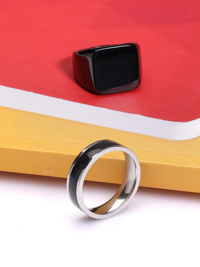 Rings Yellow Chimes Yellow Chimes Rings for Men Combo of 2 pcs Rock Cool Casual Sport Noble Black Band Stainless Steel Rings for Men and Boys
