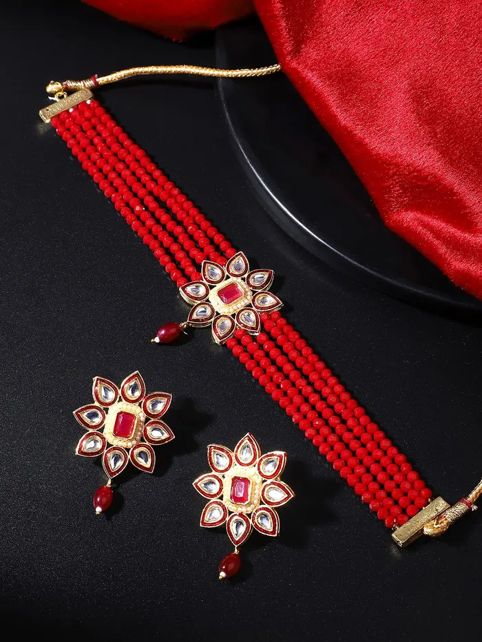 Rings Yellow Chimes Yellow Chimes Traditional Jewellery Set for Women Ethnic Kundan Jewelry Set Gold Plated Multilayer Red Beads Choker Necklace Set for Women and Girls