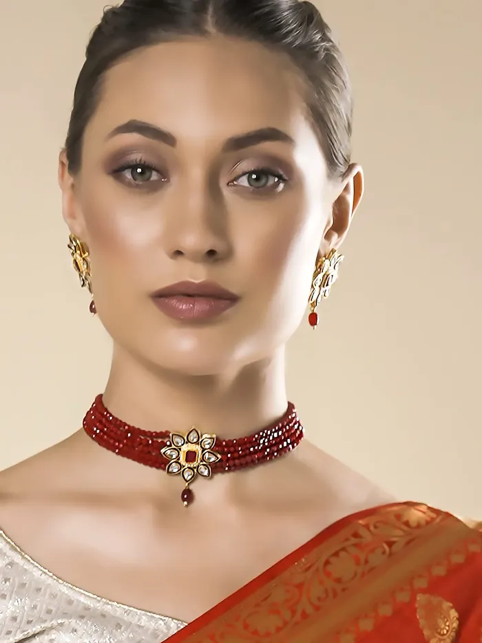 Rings Yellow Chimes Yellow Chimes Traditional Jewellery Set for Women Ethnic Kundan Jewelry Set Gold Plated Multilayer Red Beads Choker Necklace Set for Women and Girls
