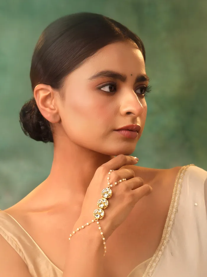 Traditional Gold Plated Ring Bracelet Adjustable Kundan Design 21 cm Gold Yellow Chimes Earrings