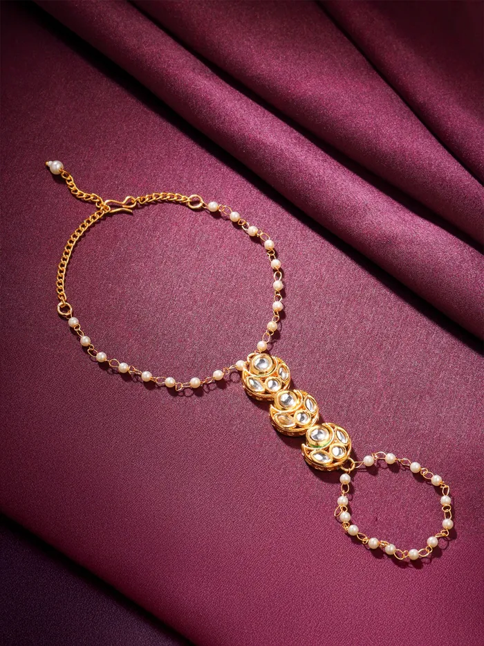 Traditional Gold Plated Ring Bracelet Adjustable Kundan Design 21 cm Gold Yellow Chimes Earrings
