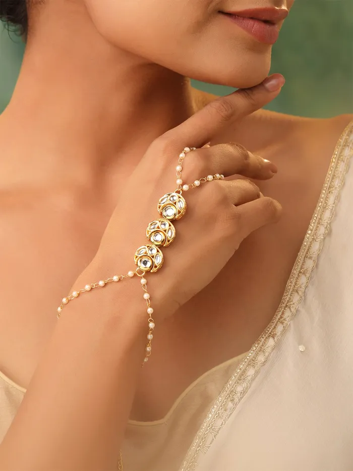 Traditional Gold Plated Ring Bracelet Adjustable Kundan Design 21 cm Gold Yellow Chimes Earrings
