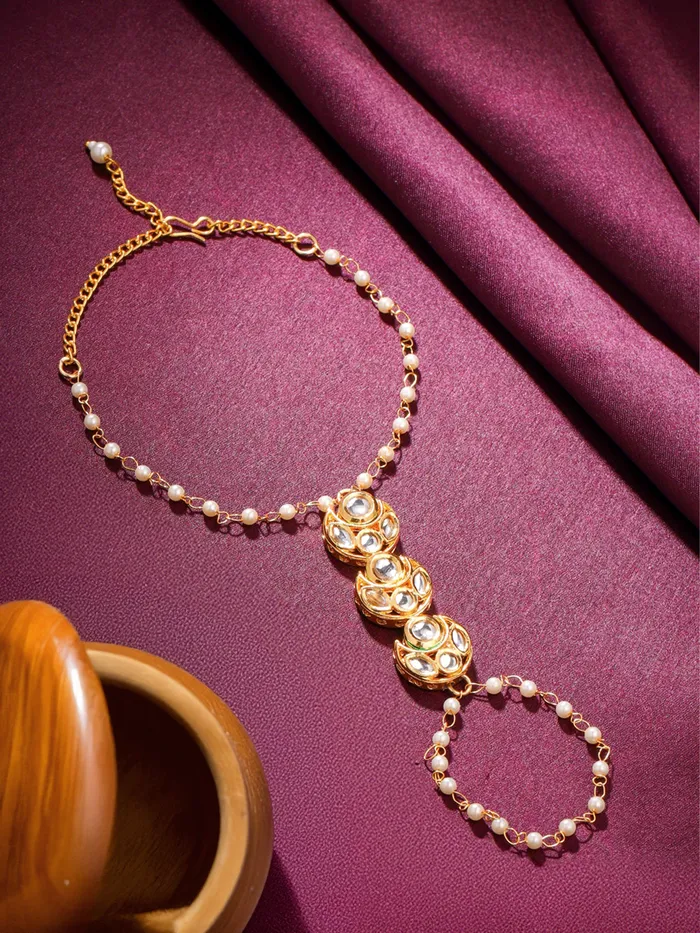 Traditional Gold Plated Ring Bracelet Adjustable Kundan Design 21 cm Gold Yellow Chimes Earrings