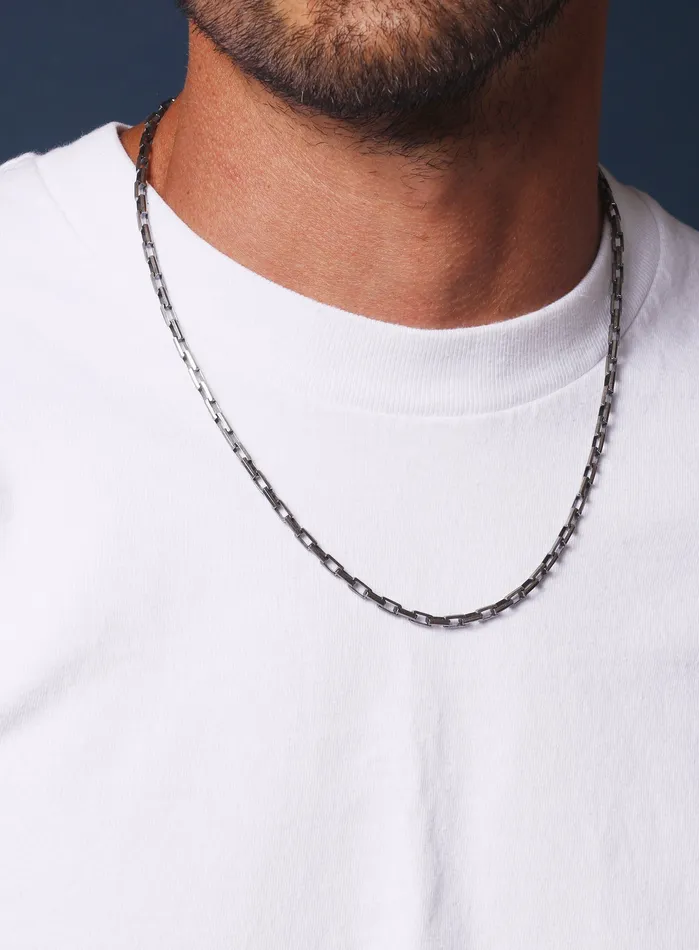 WE ARE ALL SMITH Mens Jewelry Clothing Necklaces 925 Oxidized Sterling Silver Long Box Rectangle Chain Necklace