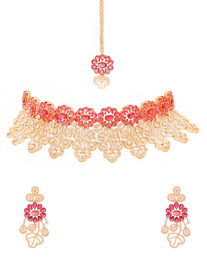 Yellow Chimes American Diamond Jewellery Set for Women Rosegold Plated Bridal Wedding Red AD Jewellery Necklace Set with Maang Tikka for Women and Girls Yellow Chimes Earrings Yellow Chimes American Diamond Jewellery Set for Women Rosegold Plated Bridal Wedding Red AD Jewellery Necklace Set with Maang Tikka for Women and Girls Yellow Chimes Earrings
