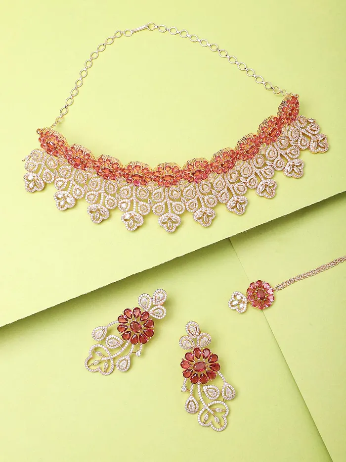 Yellow Chimes American Diamond Jewellery Set for Women Rosegold Plated Bridal Wedding Red AD Jewellery Necklace Set with Maang Tikka for Women and Girls Yellow Chimes Earrings