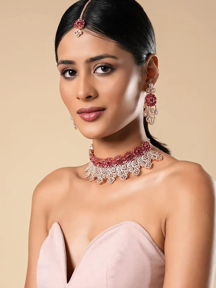 Yellow Chimes American Diamond Jewellery Set for Women Rosegold Plated Bridal Wedding Red AD Jewellery Necklace Set with Maang Tikka for Women and Girls Yellow Chimes Earrings