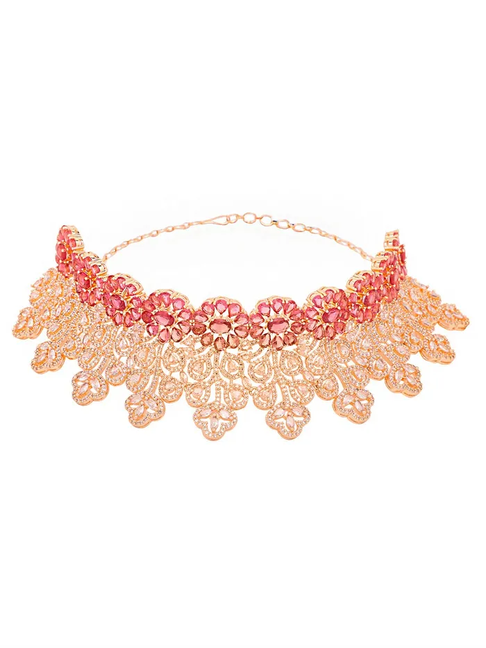 Yellow Chimes American Diamond Jewellery Set for Women Rosegold Plated Bridal Wedding Red AD Jewellery Necklace Set with Maang Tikka for Women and Girls Yellow Chimes Earrings