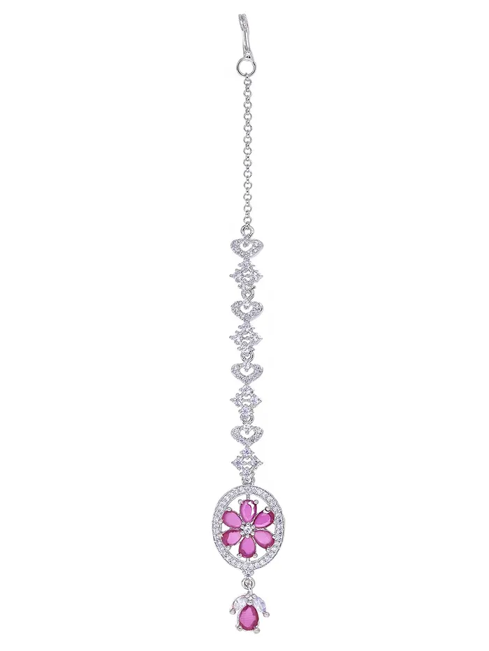 Yellow Chimes American Diamond Maang Tikka for Women Rhodium Plated Crystal Pink High Grade Authentic AD Jewellery Maang Tikka for Women and Girls Yellow Chimes Necklaces