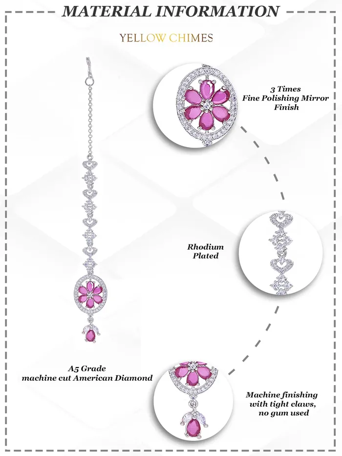 Yellow Chimes American Diamond Maang Tikka for Women Rhodium Plated Crystal Pink High Grade Authentic AD Jewellery Maang Tikka for Women and Girls Yellow Chimes Necklaces