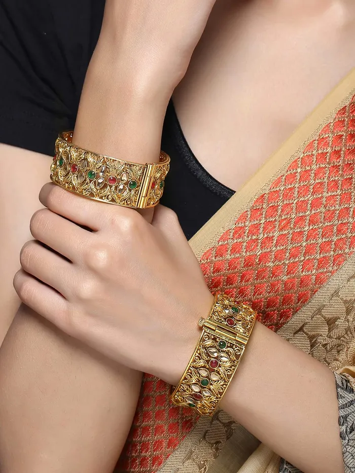 Yellow Chimes Bangles for Women Gold Toned Red Stone Studded Set of 2 Pcs Meenakari Touch Bangles for Women and Girls Yellow Chimes Necklaces
