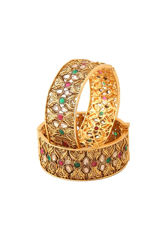 Yellow Chimes Bangles for Women Gold Toned Red Stone Studded Set of 2 Pcs Meenakari Touch Bangles for Women and Girls Yellow Chimes Necklaces