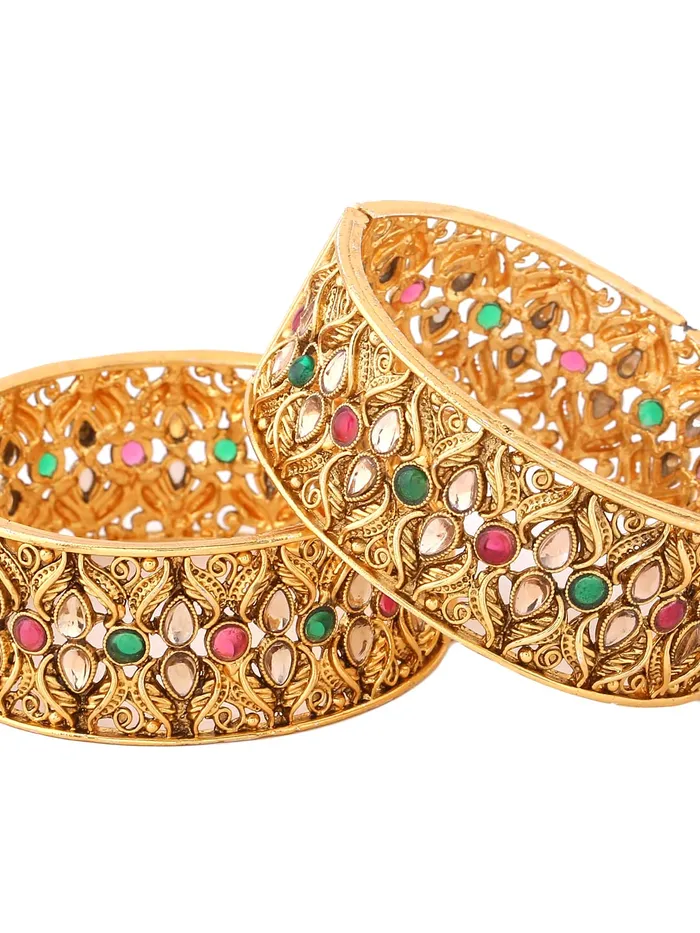 Yellow Chimes Bangles for Women Gold Toned Red Stone Studded Set of 2 Pcs Meenakari Touch Bangles for Women and Girls Yellow Chimes Necklaces