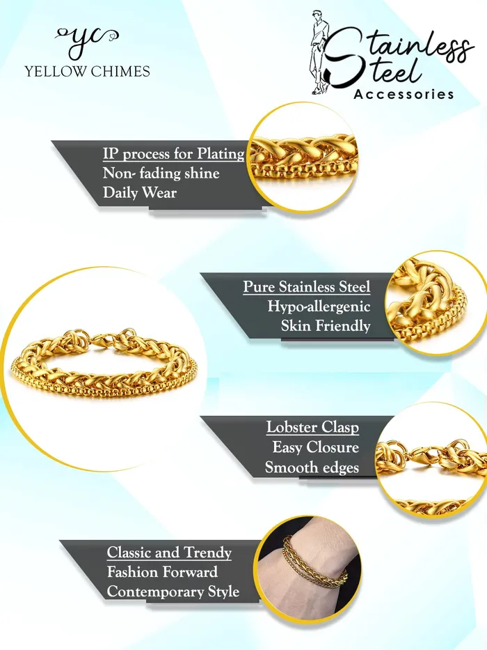 Yellow Chimes Bracelet for Men Stainless Steel Double Layer Figaro Golden Chain Bracelet for Men and Boys Yellow Chimes Earrings