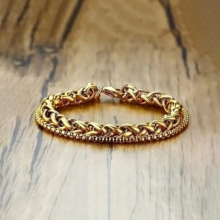 Yellow Chimes Bracelet for Men Stainless Steel Double Layer Figaro Golden Chain Bracelet for Men and Boys Yellow Chimes Earrings