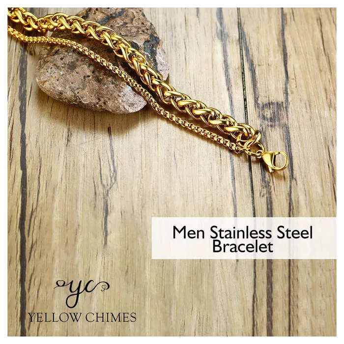 Yellow Chimes Bracelet for Men Stainless Steel Double Layer Figaro Golden Chain Bracelet for Men and Boys Yellow Chimes Earrings