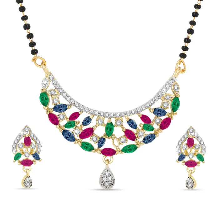 Yellow Chimes Bracelets Yellow Chimes Classic Multicolor ADAmerican Diamond Studded Ethnic Black Beads Designer Mangalsutra Set with Earrings for Women Yellow Chimes Bracelets Yellow Chimes Classic Multicolor ADAmerican Diamond Studded Ethnic Black Beads Designer Mangalsutra Set with Earrings for Women