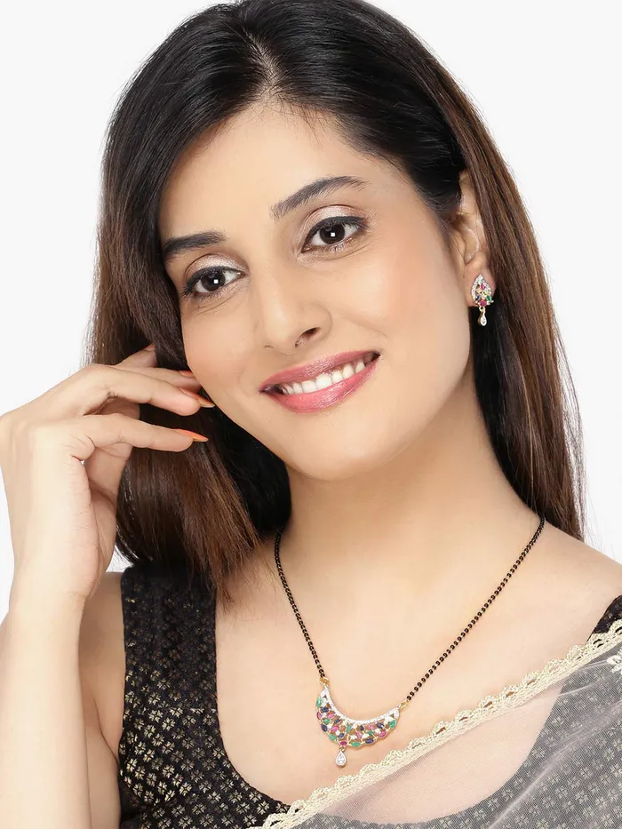 Yellow Chimes Bracelets Yellow Chimes Classic Multicolor ADAmerican Diamond Studded Ethnic Black Beads Designer Mangalsutra Set with Earrings for Women