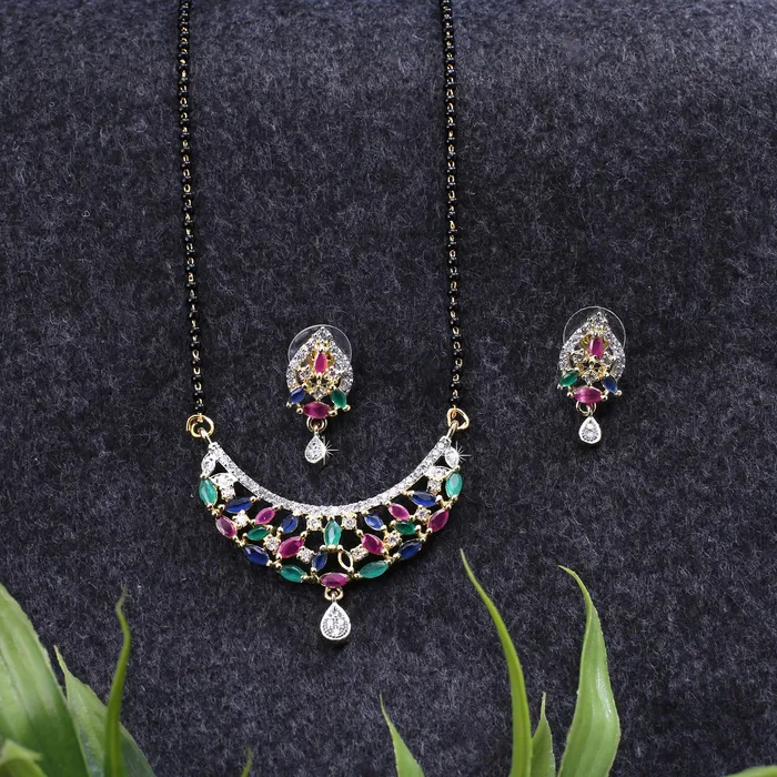 Yellow Chimes Bracelets Yellow Chimes Classic Multicolor ADAmerican Diamond Studded Ethnic Black Beads Designer Mangalsutra Set with Earrings for Women