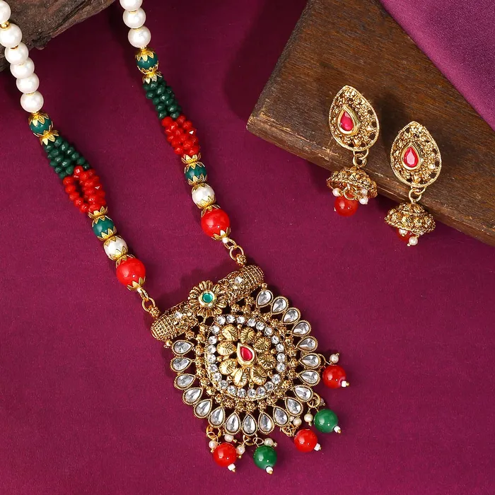 Yellow Chimes Bracelets Yellow Chimes Jewellery Set For Women Long Kundan Beaded Charm Attached Necklace Set With Earrings For Women and Girls