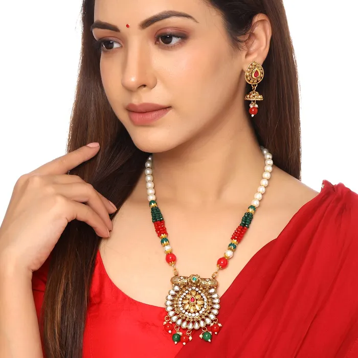 Yellow Chimes Bracelets Yellow Chimes Jewellery Set For Women Long Kundan Beaded Charm Attached Necklace Set With Earrings For Women and Girls