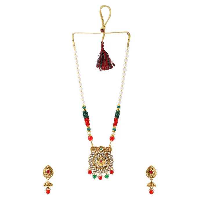 Yellow Chimes Bracelets Yellow Chimes Jewellery Set For Women Long Kundan Beaded Charm Attached Necklace Set With Earrings For Women and Girls