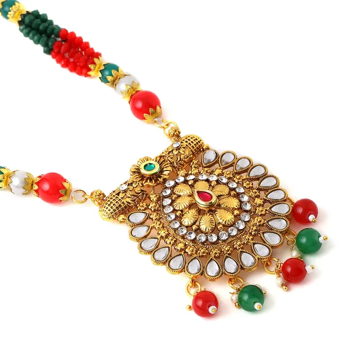 Yellow Chimes Bracelets Yellow Chimes Jewellery Set For Women Long Kundan Beaded Charm Attached Necklace Set With Earrings For Women and Girls