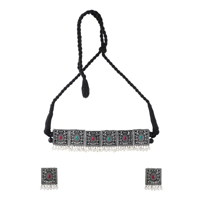 Yellow Chimes Bracelets Yellow Chimes Jewellery Set For Women Silver Toned Square Designed Stone and Pearl Studded EyeCatching Choker Necklace Set For Women and Girls