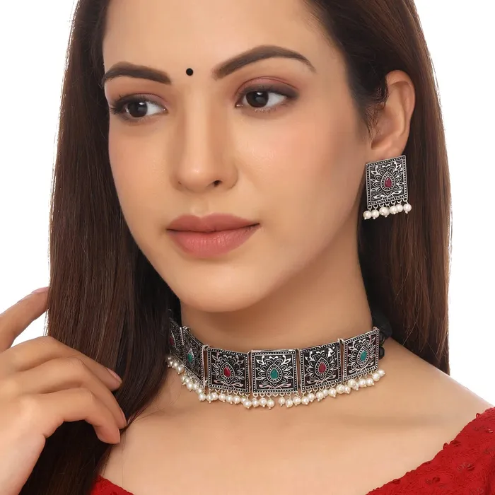 Yellow Chimes Bracelets Yellow Chimes Jewellery Set For Women Silver Toned Square Designed Stone and Pearl Studded EyeCatching Choker Necklace Set For Women and Girls